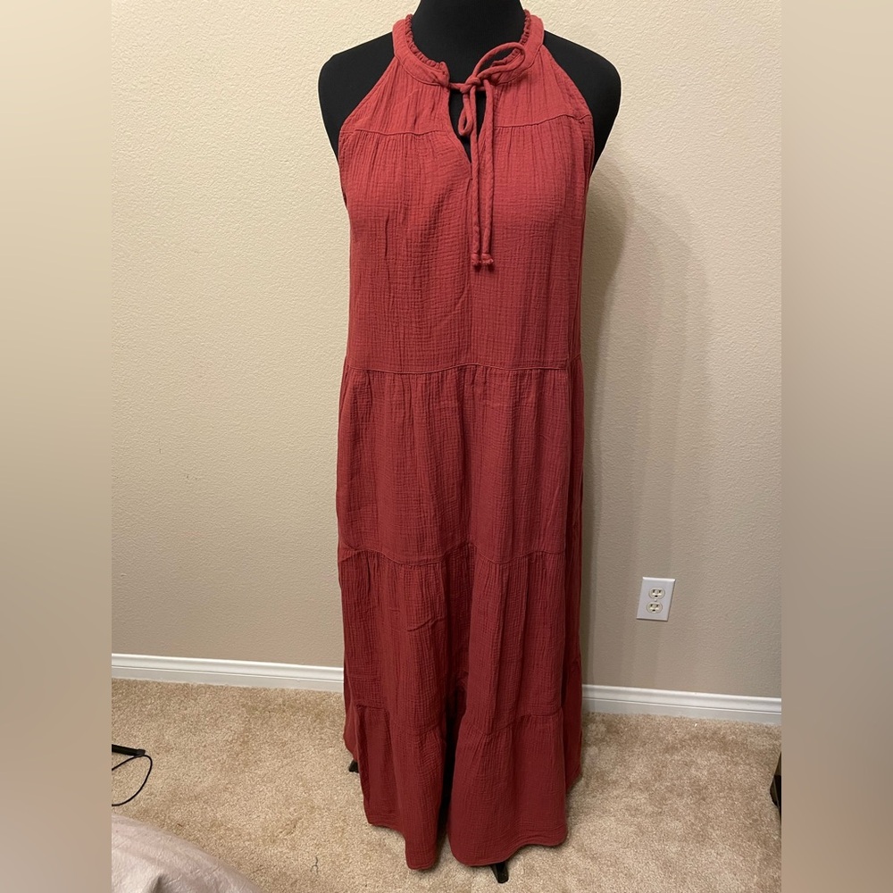 T Tahari Brick Red Cotton Muslin Tiered Maxi Dress washed Never worn Size Large